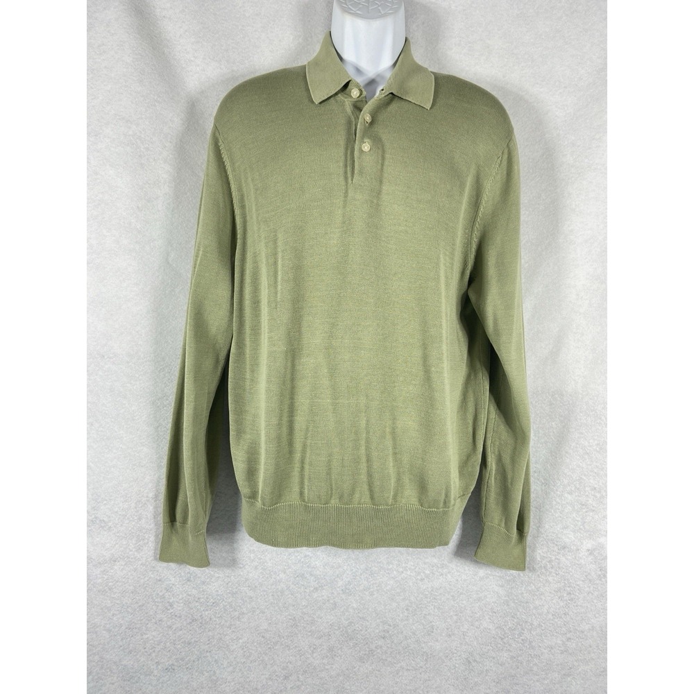 Brooks Brothers Sweater Men's Large Green Pullover Collared Silk Cotton Blend